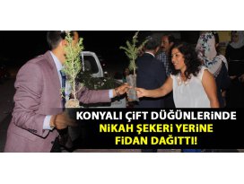 Konyalı çift düğünlerinde nikah şekeri yerine ağaç dağıttı